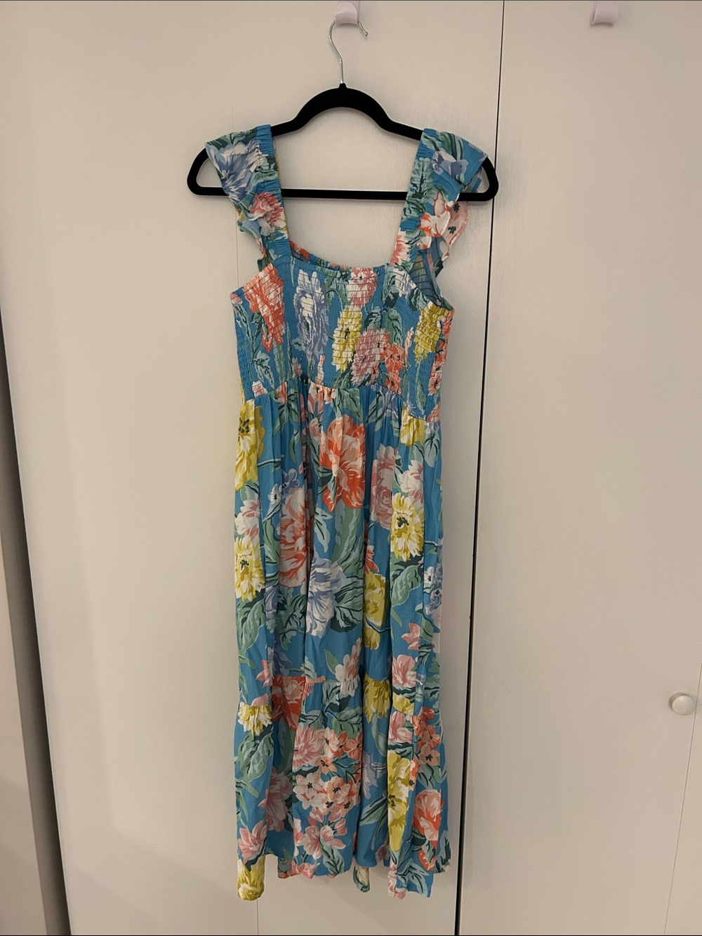 LOFT Blue Floral Smocked Dress with Coral Accents. Dress has pockets. - Picture 3 of 4